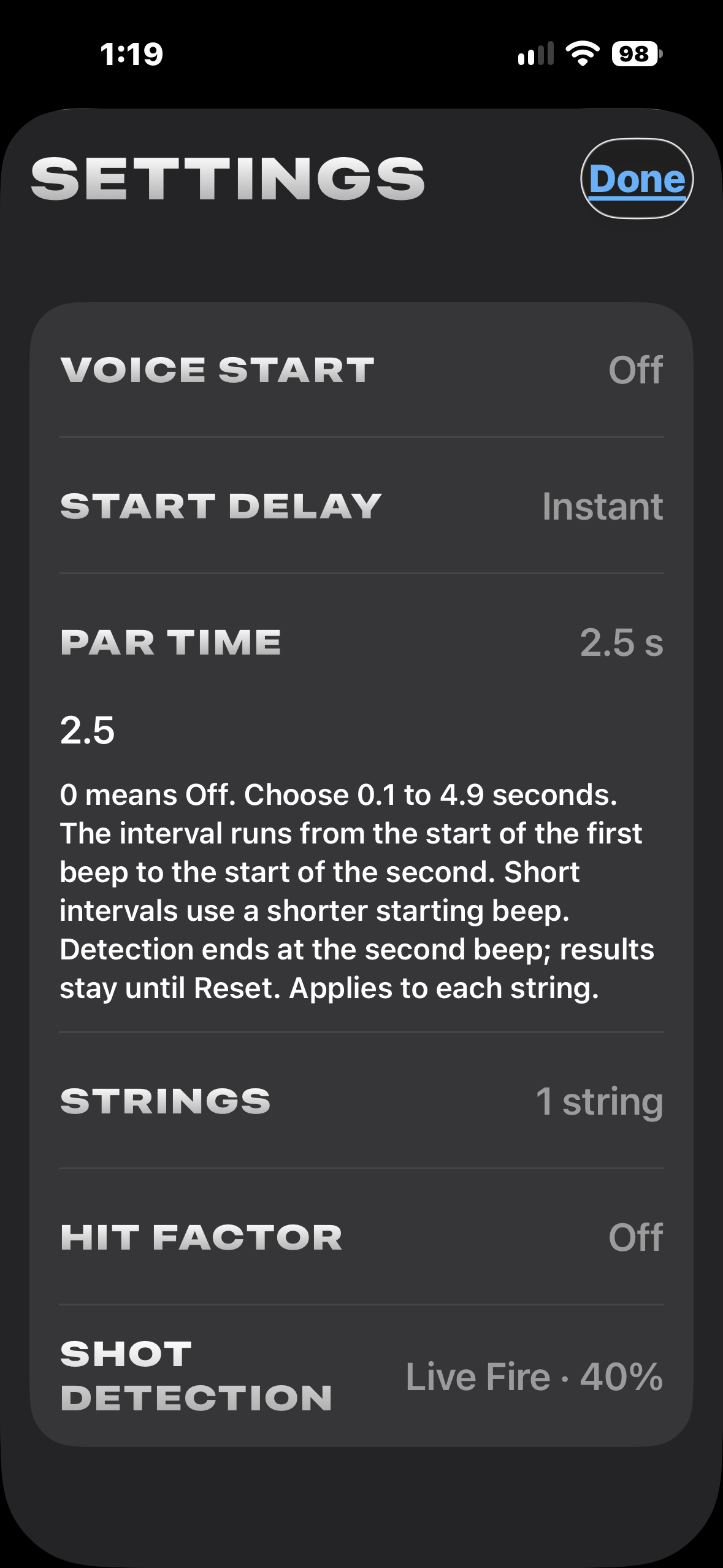 Pro Vision Settings with Par Time expanded, set to 2.5 seconds, and an explanation of the start and stop beeps.