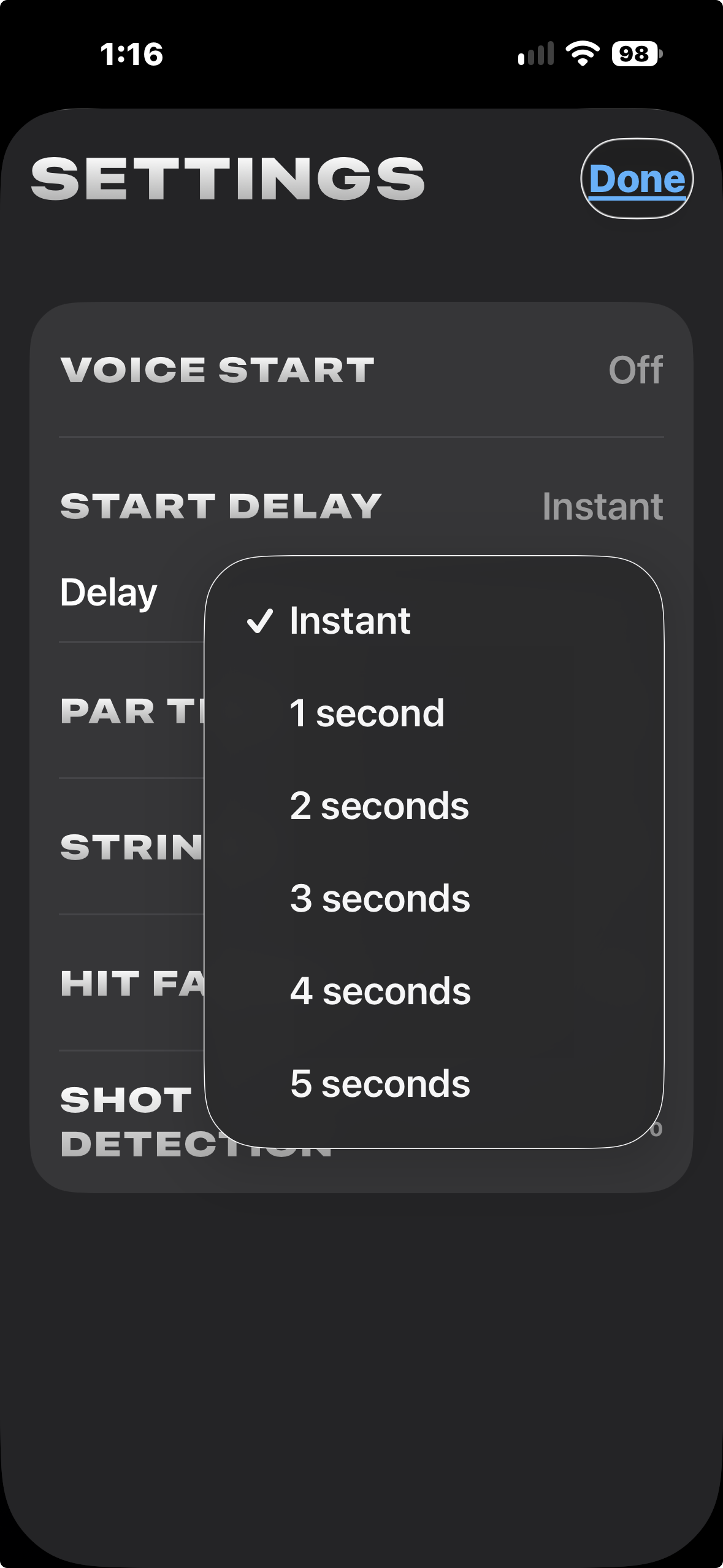 Pro Vision Settings with Start Delay expanded and choices from Instant to five seconds.
