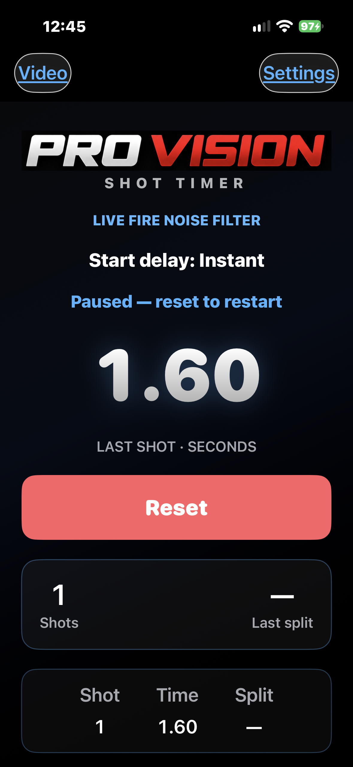Pro Vision timer with an active Video button, a 1.60-second shot, and shot history.
